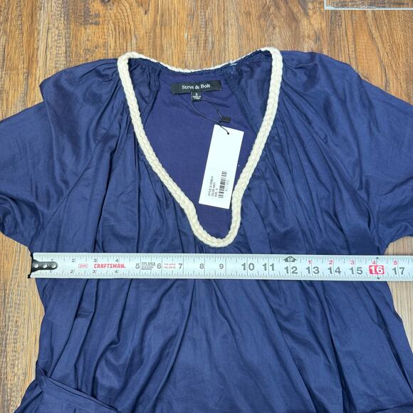 Strut & Bolt SMALL navy blue long sleeve mini dress braid embroidery pockets - Picture 5 of 10